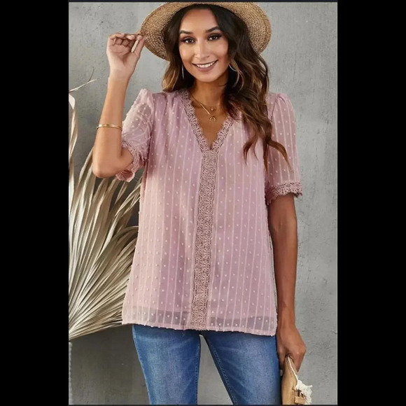 Swiss Dot Lace Trim Plunge Blouse Women's Size Medium Dusty Pink - Picture 1 of 17